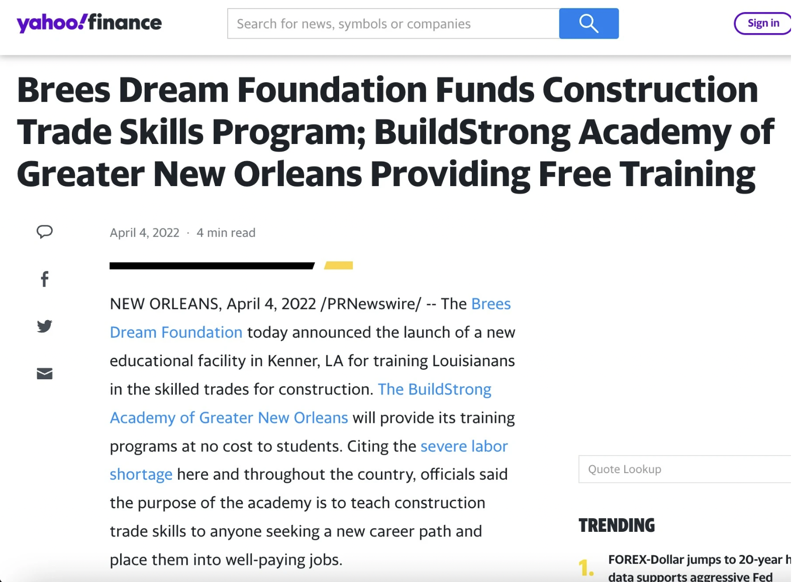 Screenshot of Yahoo! Finance Article titled "Brees Dream Foundation Funds Construction Trade Skills Program; BuildStrong Academy of Greater New Orleans Providing Free Training"